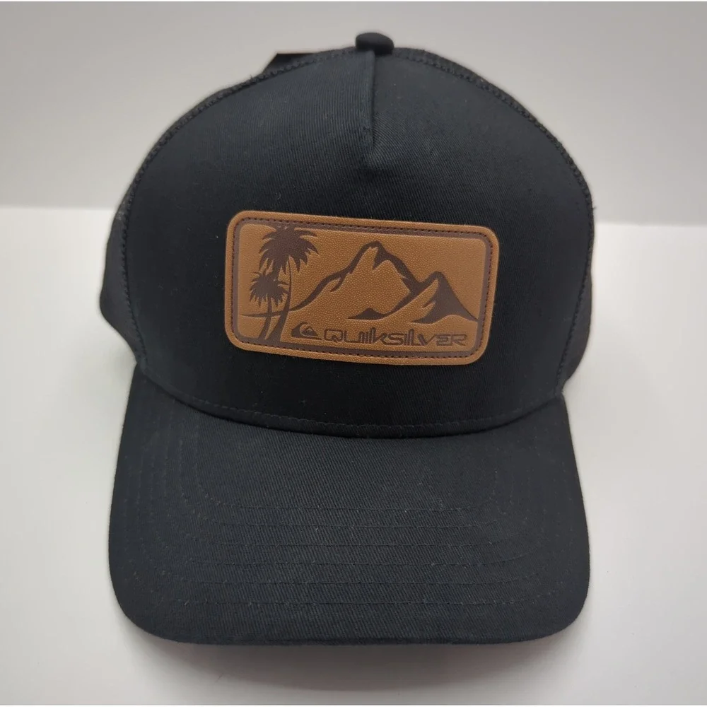 Quiksilver Black Trucker Hat Mountain‎ Palm Leather Patch Snapback QS001453Y NEW